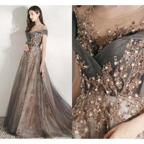 New Arrival 2020 Sheer Neck Gray Long Evening Dress Party Elegant Vestido De Festa Vintage Prom Gowns With Beading Abendkleider