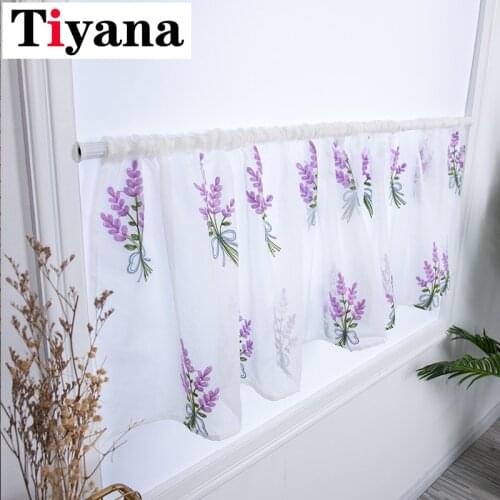 Short Kitchen Curtain Bouquet Porch Desk Cover Embroidery Romantic Purple Lavender Sheer Tulle Curtain For Wedding Deocr JK322X