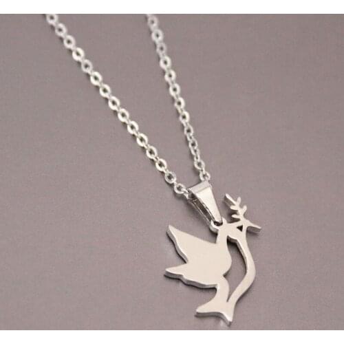 1pc Pigeon With Olive Branch Stainless Steel Necklace Fashion Peach Pendants Necklaces Women Men Gift Jewelry
