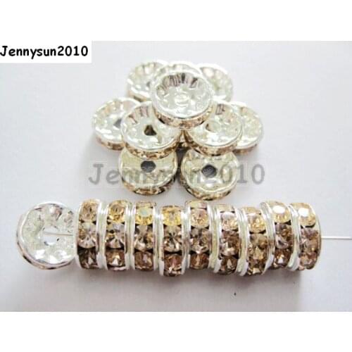 200pcs/lot 7mm Top Quality Czech Crystal Light Colorado Topas Rhinestone Pave Rondelle Metal Silver Plated Spacer Loose Beads