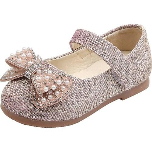 CUZULLAA Spring Children Elegant Pearl Butterfly-Knot Flat Shoes For Baby Kids Girls Princess Glitter Casual Shoes Size 21-30