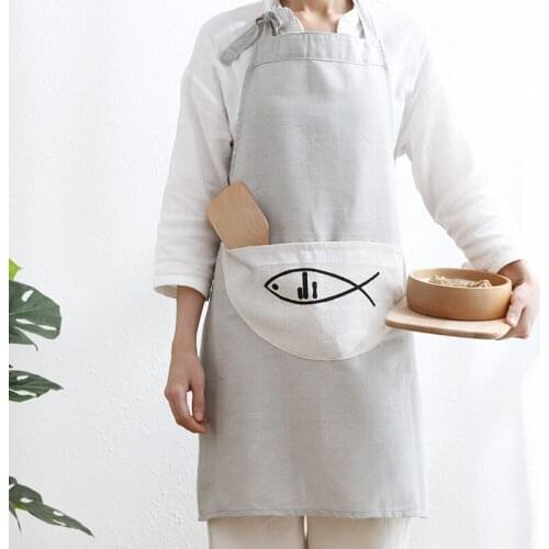 Cotton and linen apron female solid color cute kitchen apron cooking work clothes smock waist couple apron