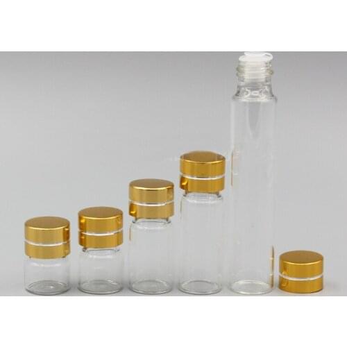 50/100/200pcs/lot 1/2/3/5/10ml Perfume Essential Oil Bottles clear Glass tube Bottle gold cap stopper plug For Cosmetic