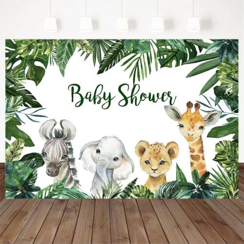 Animal Jungle Baby Shower Photography Background Photocall Newborn Portrait Backdrop Green Leaves Elephant Giraffe Zebra Leopard