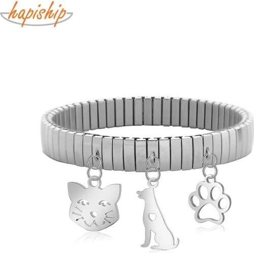 Hapiship 2021 Fashion 9mm Width Stainless Steel Dog Love Flower Cat Pendant Elastic Fashion Bracelet For Women Men Jewelry G185