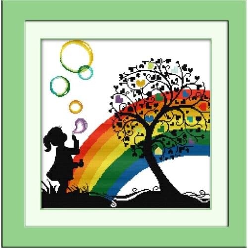 Joy Sunday Rainbow Bubble Girl Cross Stitch Kit DMC Print on Canvas 14CT Counted Chinese Cross Stitch Set Home Decor Send Gift