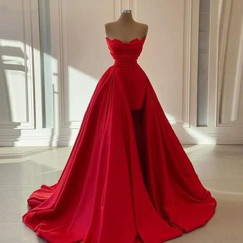 2021 Red Satin Long Evening Gowns Detachable Train Formal Dresses Woman Party Night Sweetheart Prom Dress فساتين السهرة