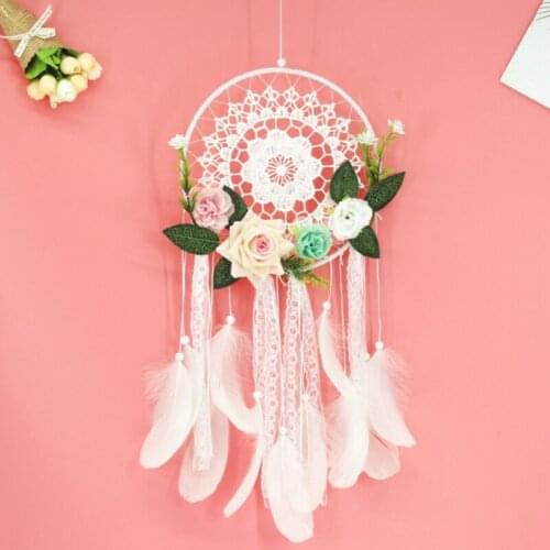 Handmade Dream Catcher Feather Bohemia Dreamcatcher With Artificial Flowers Lace Tassel For Wall Hanging Decoration Craft Gift