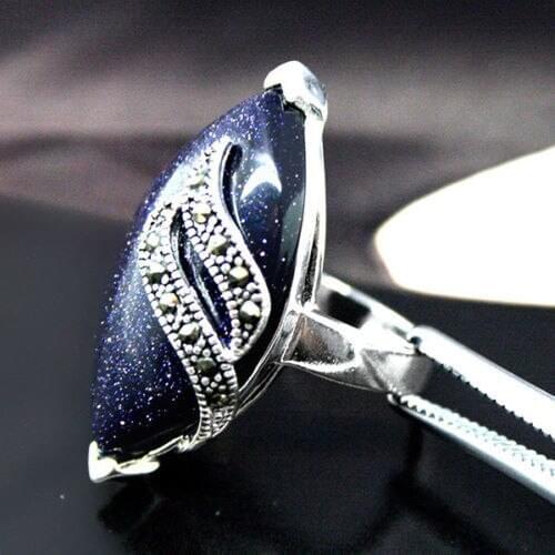 New Blue Sand Stone Marcasite 925 STERLING SILVER RING pick Size 6/7/8/9
