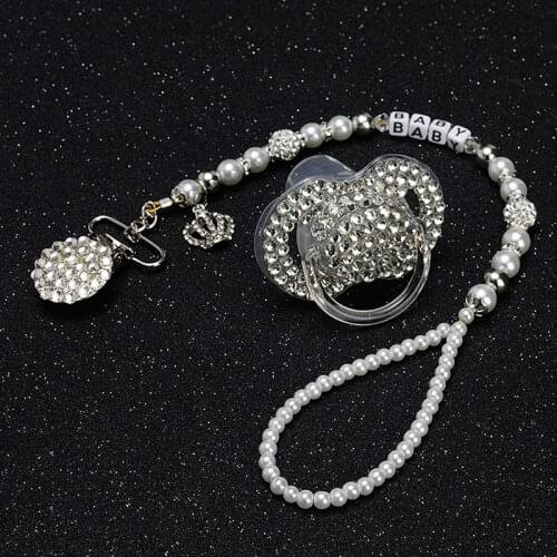MIYOCAR Personalised -Any name Bling silver rhinestone pacifier chain/pacifier clips/Dummy clip/Teethers clip /pacifier holder