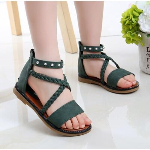 Children School Shoes Big Girl Beach Gladiator Sandals For Kids Summer Shoe Little Girl Flat Fashion Rivet Braid Princess Sandal