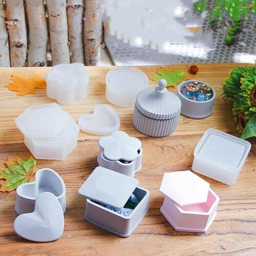 2pcs/set Hexagon Storage Box Silicone Mould With Lid Plum Heart Shape Round Square Shape Design Epoxy Resin Cement Plaster Mold