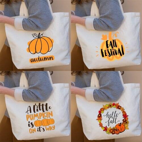 Happy Fall Pumpkin Halloween Day Graphic Shopping Bag Halloween Reusable Shopper Bag Canvas Eco Tote Bag Cloth Women Handbag