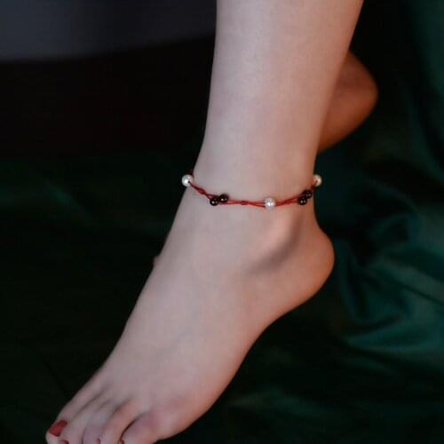 XF800 Real Natural Freshwater Pearl Anklet Garnet Hand Woven Adjustable Red String for Women Fine Jewelry Gifts S526
