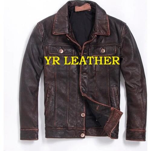 YR!Free shipping.Wholesales.Brand vintage style genuine leather jacket man.casual cowhide coat.classic brown plus size jackets