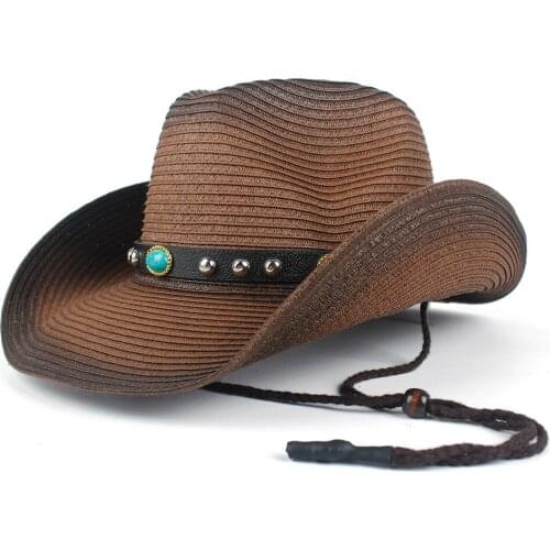 Women Men Hollow Western Cowboy Hat Lady Summer Straw Turquoise Belt Sombrero Hombre Beach Cowgirl Jazz Sun Hat Size 57-59CM