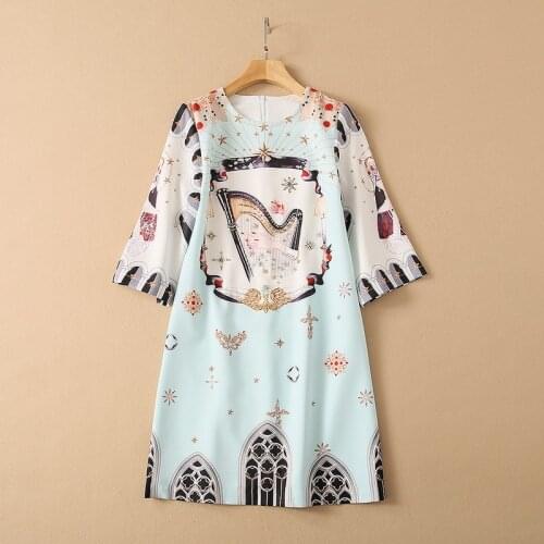 European and American womens clothing spring 2021 new Seven-point sleeve nail beads Fashion guzheng print dress