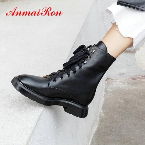 ANMAIRON 2020 Lace-Up Motorcycle Boots Genuine Leather Round Toe Square Heel Winter Women Shoes Short Plush Platform Boots 34-40