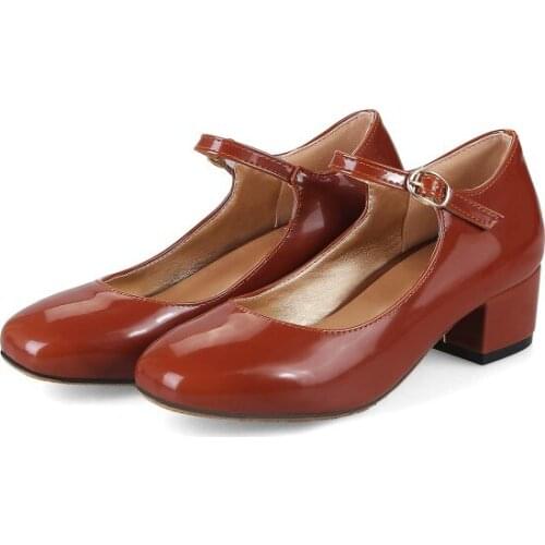 Big Size 11 12 13 14 15 16 17 ladies high heels women shoes woman pumps Shallow lacquer buckle with thick heel and square head