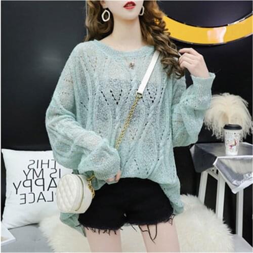 Summer Hollow Out Thin Women Knitted Pullover Tops Fashion Mohair Female Mesh Long Sleeve Pull Jumper Cool Femme O-Neck Pullover