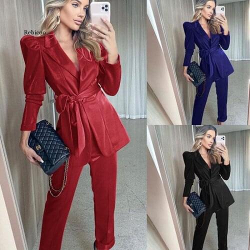 Women Belt Blazer And Pants 2 Piece Sets Office Lady Turn-Down Collar Jacket Outfit Spring Button Long Sleeve Suede Suits Coats