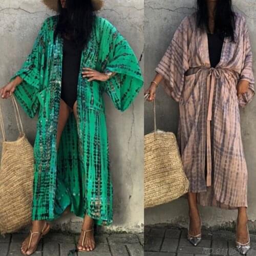 Women Tie-Dye Striped Print Kimono Cardigan Sunscreen Long Sleeve Belted Beach Maxi Dress Open Front Swimsuit Cover Up wholesale