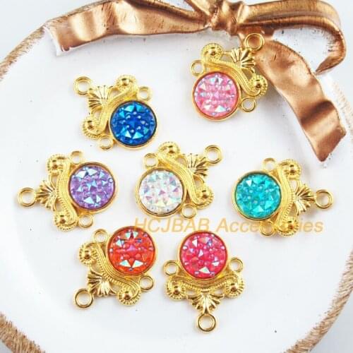 14 New Flower Charms Gold Plated Retro Mixed Round Resin Pendants 18x23mm