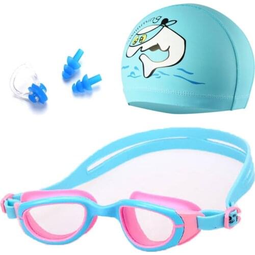 Swim Goggles Waterproof Swim Caps Ear Plug Nose Clip Set for Kids Girl Boy Pool Hat Diving Eyewear Mask Baby Swimming Glasses