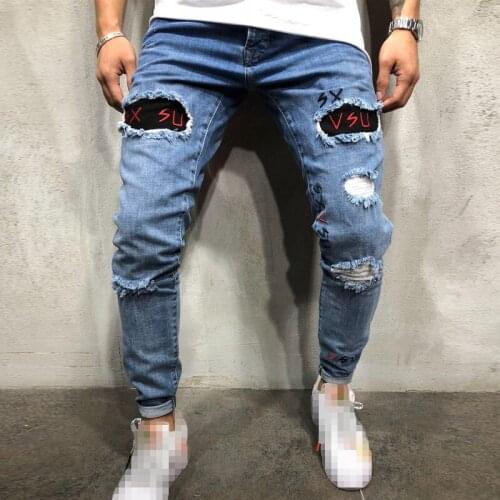 Men Jeans Fashion Letter Embroidery Stretch Destroyed Frayed Denim Pants Male Casual Skinny Blue Ripped Jeans Pantalones