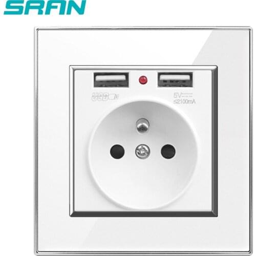 SRAN Franch Power Socket,Socket With Usb Charging Port 2.1A 16A Acrylic Panel Wall Electric Sockets Outlet