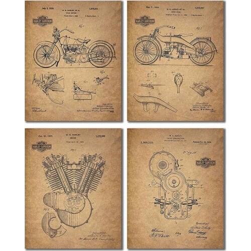 Motorcycle Design Sketch Poster Retro English Patent Figure Porch Study Bedroom Canvas Painting Mans Room Decor Living Room