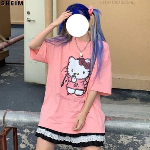 Summer Y2k Top Tees Hello A Kittyed Kawaii T-shirt Womens Short Sleeve Tshirt For Za Woman 2021 Female Sutdent Lolita Girl