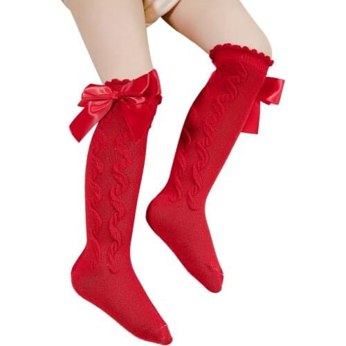 Baby Girls Knee High Socks Soft Cable Knitted Cotton Socks With Bow For Infants Toddlers Baby Girl Leg Warmers 6M-4Y