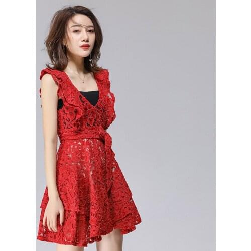 Yumever20 red full lace embroidery heavy industry tuxedo new waist bow and Ruffle Dress