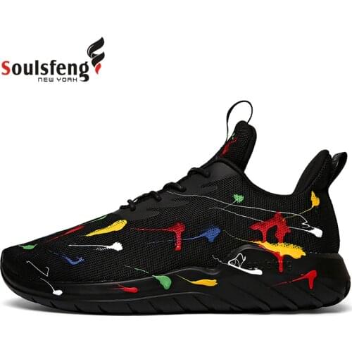 Soulsfeng Sneakers For Men Inkjet pattern Mesh Breathable Running Shoes Black Lightweight Training Athletic Sneakers For Womens