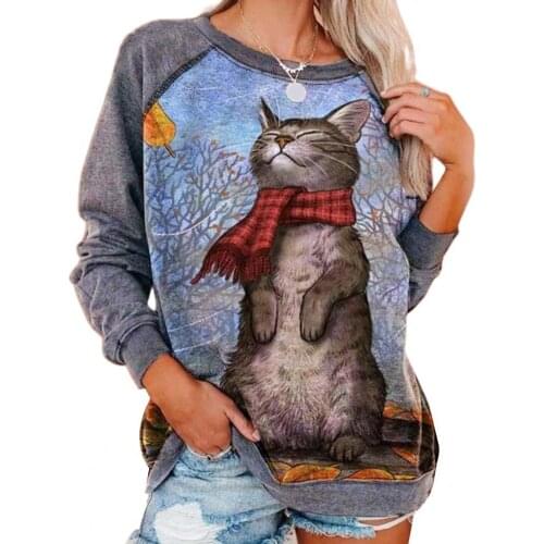 Fashion Women Plus Size O-Neck Long Sleeve Cats Print Casual Sweatshirt Top Style Women Hoodie Oversize Hoodies