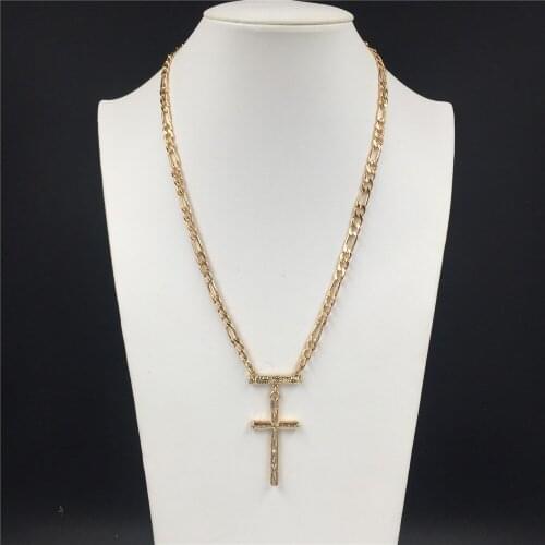 Trendy Gold Color Plating Textured Cross Pendant Long Necklace For Women Girl Casual Elegant Gorgeous Bohemia Jewelry Accessory