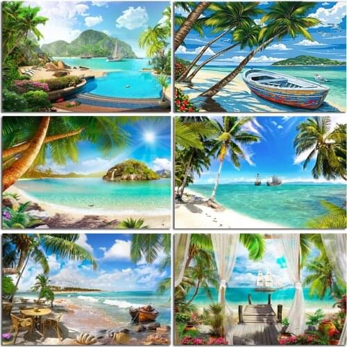 5D Full Square/Round Diamond Painting Seaside Rhinestone Kit Diamond Embroidery Kit Landscape Coconut Tree Handicraft Wall Art