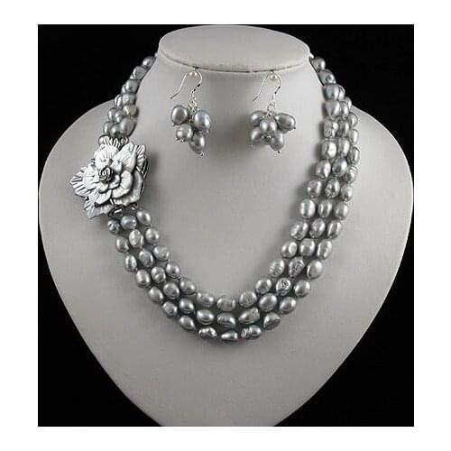 Favorite Pearl Jewelry Set 3 Rows Gray Color Baroque Genuine Freshwater Pearl Necklace Earrings Shell Flower Clasp Women Gift