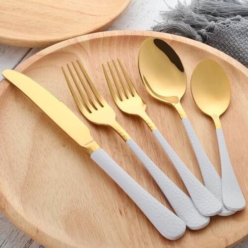 20Pcs White Gold Stainless Steel Cutlery Sets нож steak Knife restaurant Kitchen Flatware Dessert Spoon dinner Fork Tableware