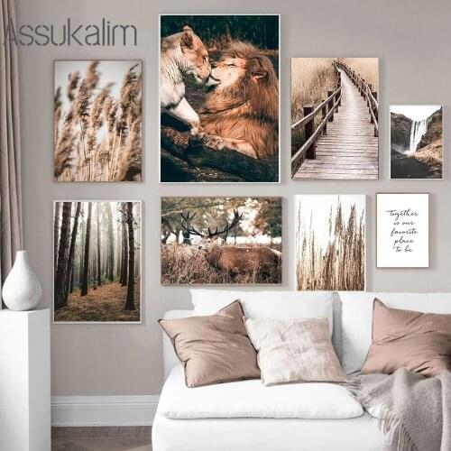Lion Deer Wall Poster Scandinavian Canvas Painting Reed Plant Art Print Forest Landscape Wall Pictures For Living Room Decor