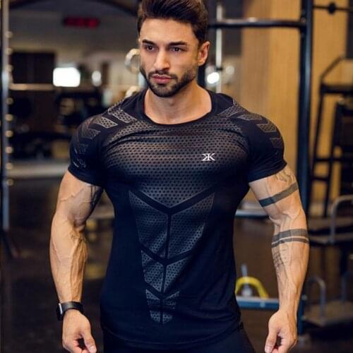 Mens workout clothes sports tights high stretch T-shirt breathable and quick-drying exercise gym short-sleeved fitness T-shirtM