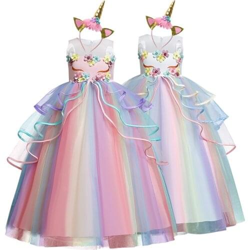 Prom dress Flower Unicorn Girls Dresses Rainbow Tulle Gown 6-14 Years Kids Clothes Halloween Carnival Christmas Girls Long dress
