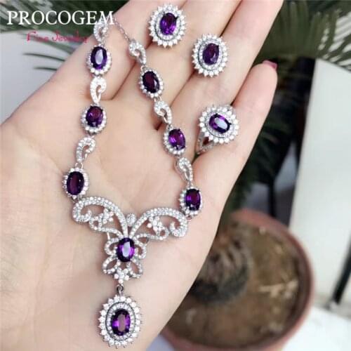PROCOGEM Natural Amethyst fine Jewelry 4Pcs sets for Women Party gifts Necklace Ring Earrings Real gems 925 Sterling Silver #655