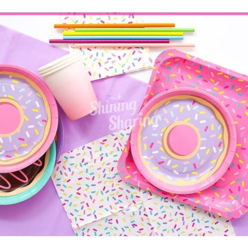 Pink Purple Donuts Party Disposable Plate Straw Donut Balloon Birthday Decoration For Girls Baby Shower Party Supplies