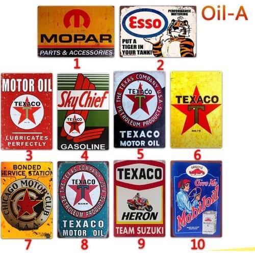 Vintage Texaco Mopar Esso Oil Tin Signs Gulf Motorcycle Car Tyres Poster Garage Shop Gasoline Home Metal Wall Decor Indicator