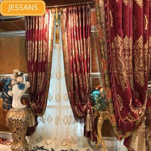 European-style High-end Red Chenille Jacquard Curtains Blackout Curtains for Living Room Bedroom Embroidered Gauze Curtains