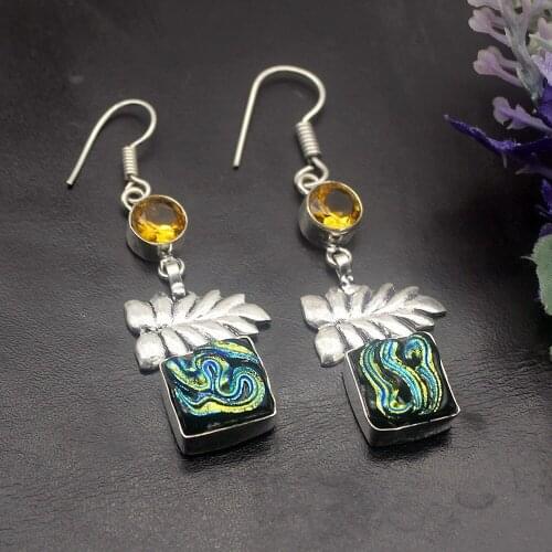 Hermosa Jewelry Fashion Dichroic Glass Yellow Citrinee Silver Color Drop Dangle Earrings for Women Girls 54mm DH22