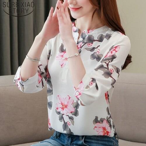 Autumn New 2021 Plus Size Three Quarter Print Button Vintage Women Shirts Chiffon Blouse Womens Tops and Blouses Regular 5070 50