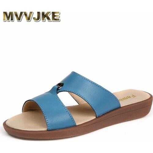 MVVJKE 2018 Casual Womens Real Cow Leather Flats Shoes Women Slip-On Sumemr Female Slides Leisure Beach Flip Flops Size
